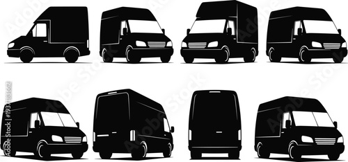 Delivery cargo van silhouette set, commercial delivery vehicle transport logistics shipping van icons courier service transport vector collection isolated