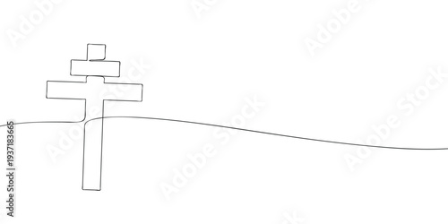 Minimal line illustration of an Orthodox cross on a hill, symbolizing Christian faith, devotion, resurrection, and spiritual hope.