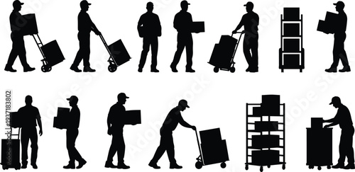 delivery worker silhouettes set, courier carrying boxes collection, warehouse logistics workers, package handling trolley cart, shipping service staff vector illustration