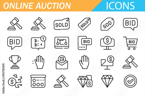 Online Bidding Marketplace Icon Pack Black Line Vector Illustration