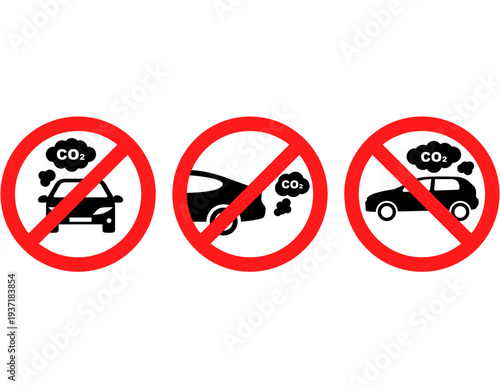 Three red no-entry signs over cars emitting CO2, symbolizing a ban on carbon emissions from vehicles.