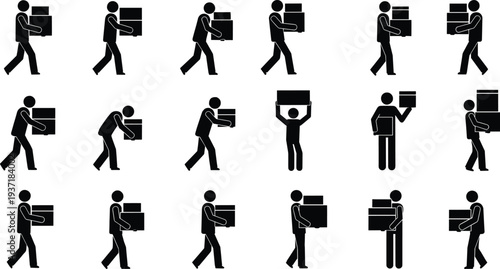 package carrying worker icons set, delivery courier box handling silhouettes, warehouse logistics staff moving parcels, shipping service vector illustration