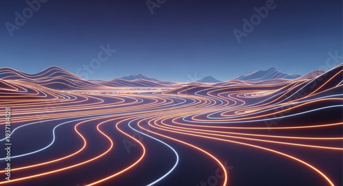 Futuristic Light Trails Over Mountainous Landscape.