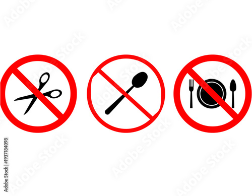Three red prohibition signs indicating no scissors, no spoon, and no eating utensils, representing various restrictions or rules.