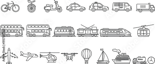 Transportation line icons set, bicycle scooter car taxi van truck bus tram train cable car airplane helicopter drone ship logistics mobility collection outline vector