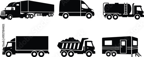 truck silhouettes collection, cargo transport vehicles set, delivery van tanker truck dump truck trailer, commercial logistics transportation vector illustration isolated black icons