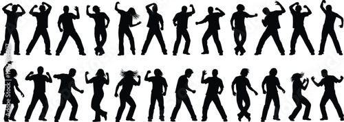 Dancing people silhouettes collection, men and women dance poses set, party club dancers vector illustration, energetic movement black silhouette bundle