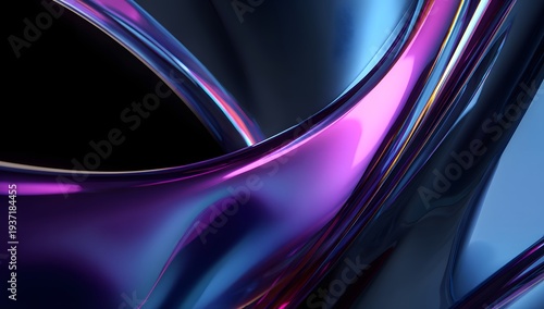 Abstract fluid metallic chrome curves with purple blue neon light reflections smooth polished surface flowing liquid undulation.
