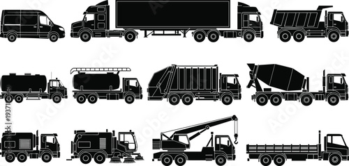 truck vehicles silhouette set, cargo transport collection including delivery van semi trailer dump truck tanker garbage mixer crane industrial transportation icons