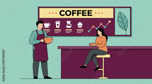 Barista serves coffee to a female customer at a modern cafe counter