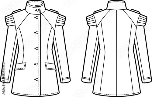 coat, jacket, military, outerwear, women's, fashion, tailored, trench, epaulettes, winter, buttoned, pockets, structured, silhouette, collar, sleeves, long, vector, technical, flat