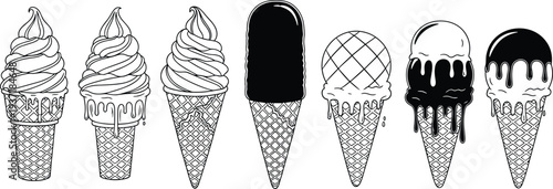 Ice cream cone illustrations collection, soft serve and chocolate dipped scoops set, sweet dessert vector drawing, vintage hand drawn ice cream bundle