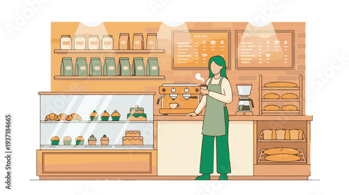 Female barista working in a modern coffee shop or bakery illustration