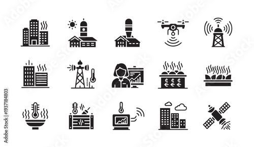 Black icons depicting various industrial and technological concepts