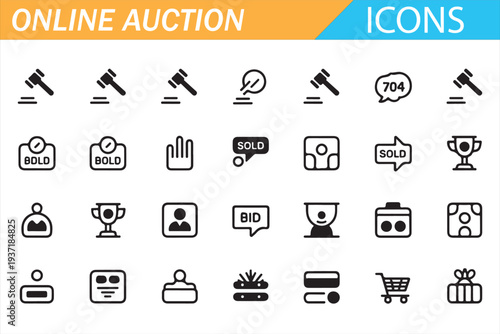 Ecommerce Auction Vector Icons Gavel Bid Cart Trophy Line Symbol Set