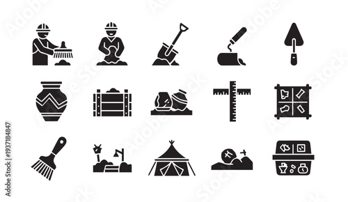 Black icons depicting construction workers and tools on white background