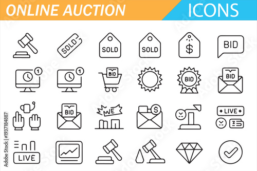 Auction and Bidding Black Outline Icons Collection for Digital Marketplace