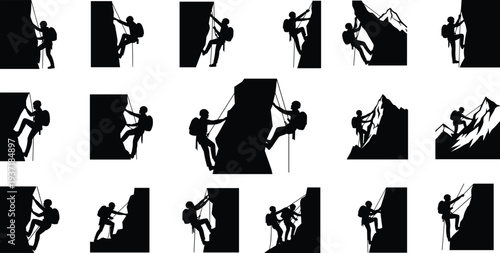 Rock climbing silhouettes collection, mountaineer climbing cliff poses set, adventure sport mountain vector illustration, outdoor climbing activity bundle