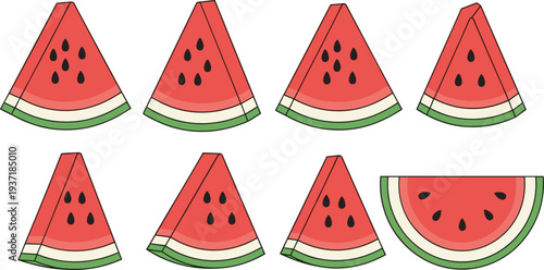 Watermelon Slice Icon Set Featuring Different Watermelon Wedge Variations with Seeds and Rind for Fresh Summer Fruit Design and Healthy Food Illustration