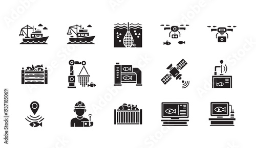 Fishing industry icons set including boats drones and technology