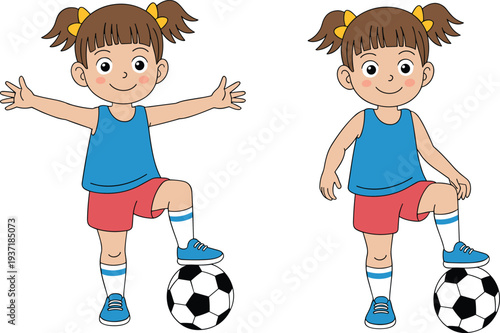 girl, kid, soccer, football, child, sport, ball, player, cartoon, active, exercise, game, childhood, athlete, fun, school, training, vector, illustration, character