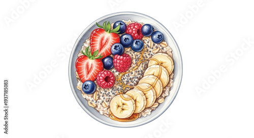 Watercolor Healthy Oatmeal Breakfast Bowl with Banana Berries Chia Seeds and Honey