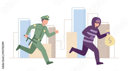 Police officer chasing a masked thief with a stolen money bag