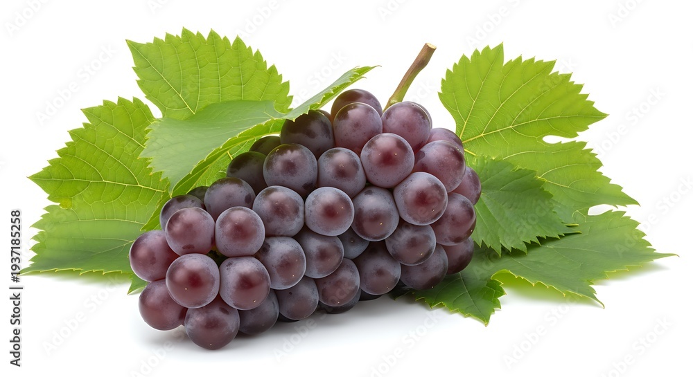 Fototapeta premium Fresh bunch of purple grapes with green leaves isolated on transparent background