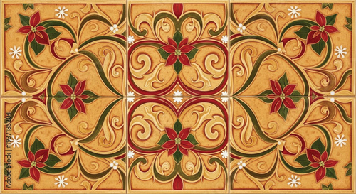 Vintage Thai floral art seamless pattern with antique gold motifs and oriental architecture ornaments for elegant fabric wallpaper design