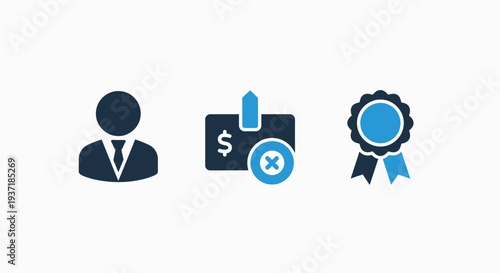 Professional Business Achievement Icons Featuring Corporate Employee Financial Restriction Warning and Quality Award Ribbon