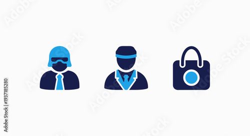 Professional Service and Surveillance Icons Featuring Security Guard Staff Uniform and Monitoring Camera Bag Symbols