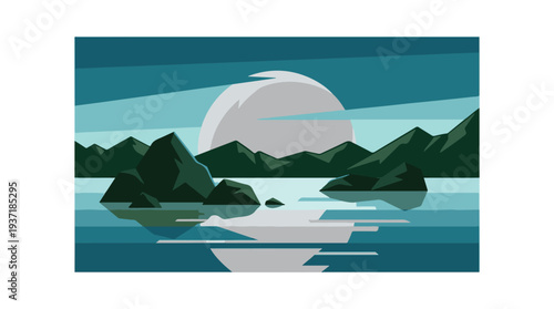 Stylized nature landscape with mountains, lake, and full moon at dusk
