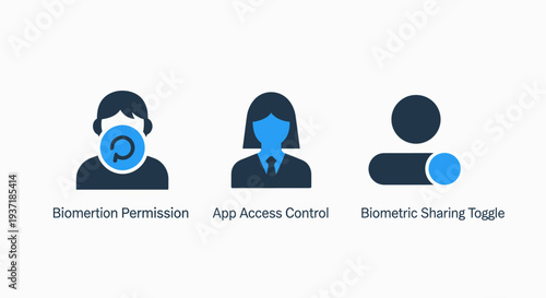 Digital security icons for biometric facial recognition permission, mobile app access control, and user privacy sharing toggle