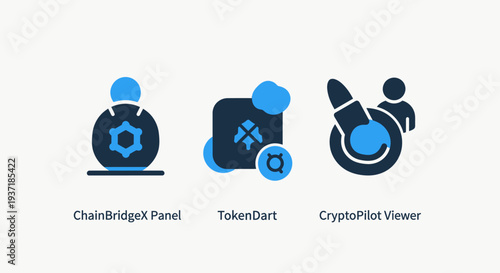 Fintech and blockchain icons featuring ChainBridgeX panel, TokenDart, and CryptoPilot viewer for digital asset trading