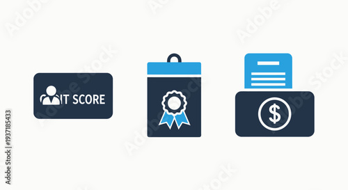 Icons representing credit score, award certificate, and cash dispenser for financial or business concepts