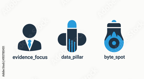 Abstract icons symbolizing evidence focus, data pillar, and byte spot for technology and data concepts