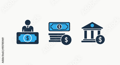 Icons illustrating financial transactions, money stacks, and a bank building for finance and banking concepts