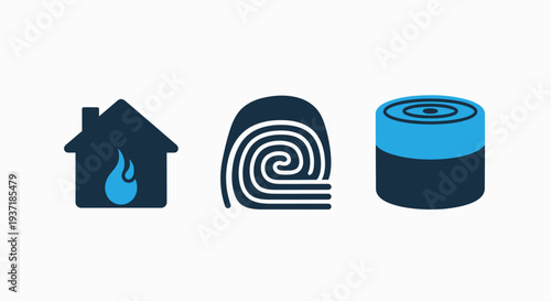 Icons for home with flame, rolled insulation, and cut log for home improvement and construction concepts