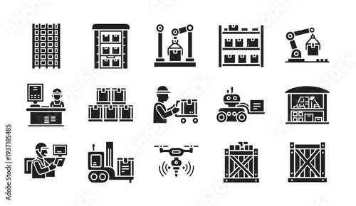 Modern warehouse logistics icons set with industrial machinery