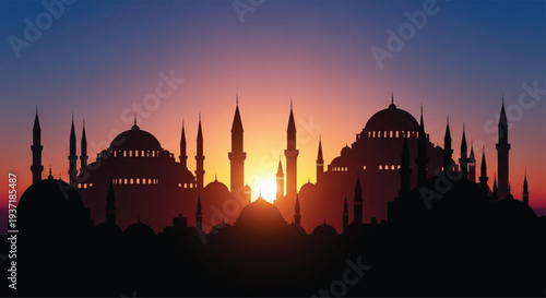 A breathtaking silhouette of a historic mosque and dome architecture stands against the vibrant Istanbul sky at sunset, capturing the cultural essence of this iconic Turkish landmark