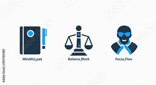 Set of three flat icons representing mindfulness, balance, and focus for well-being and productivity. Minimalist dark blue and teal design.