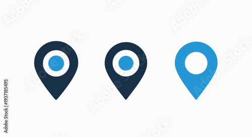 Location map pins icons set, dark blue and bright blue markers on white background, symbol for navigation, travel, and business.