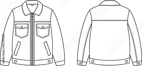 jacket, shearling, collar, winter, coat, men, fashion, outerwear, zipper, pockets, warm, clothing, garment, vector, sketch, template, sewing, pattern, illustration, design