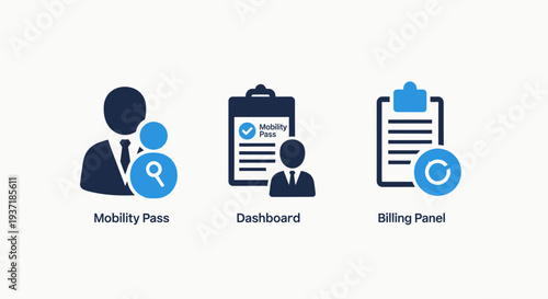 User management icons: mobility pass, dashboard, billing panel, user profile, search, checklist, document, payment, access, authorization, service