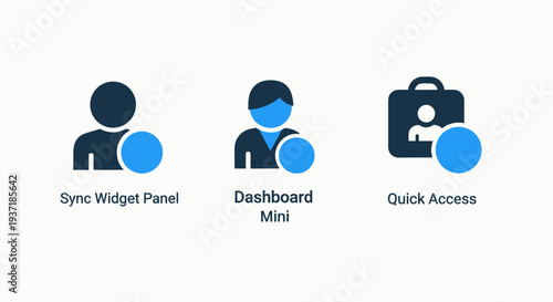 User interface icons for sync widget panel, mini dashboard, and quick access, facilitating digital organization and efficient workflow management.
