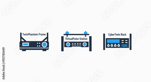 Icons of advanced electronic equipment: twin phantom frame, virtual pulse station, and cyber twin rack, used for technological innovation and data processing.