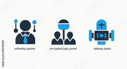 Icons for vulnerability spotter, encrypted logic portal, and defense beam, representing cybersecurity, data protection, and digital security systems.