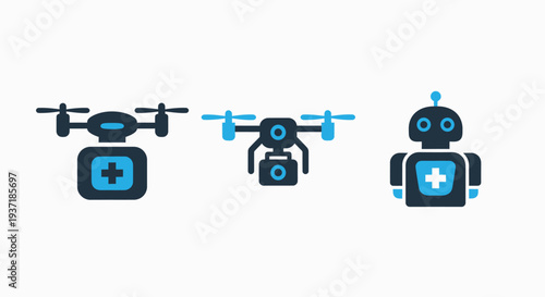 Medical drone with delivery package, aerial drone with camera, and robotic assistant icons for advanced healthcare services.