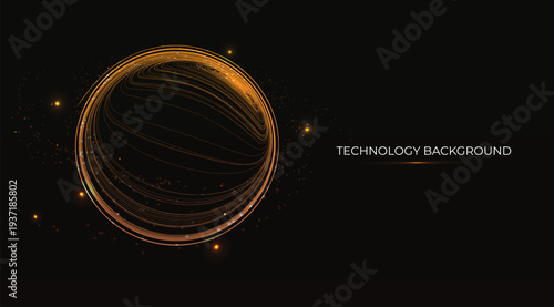 Dynamic orange threads, resembling fiber optics, form a high-speed circle of pulsating neon lights, orbiting like a cosmic trail within a universe. A modern and elegant technological  innovation
