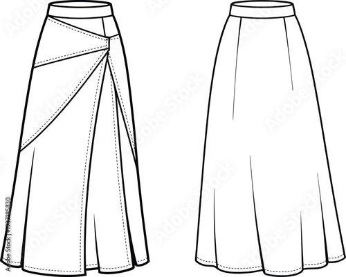 skirt, wrap, maxi, women, fashion, clothing, garment, draped, elegant, long, waist, design, vector, sketch, template, sewing, pattern, illustration, apparel, style
